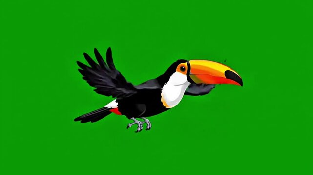 Slow Pan Left on a Flying Animated Toucan Bird with Chroma Key Green Screen Background, Detailed Cartoon Style Digital Illustration for Nature, Wildlife, or Tropical Design
