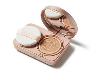 Open compact case containing liquid complexion product and applicator puff resting on a white background