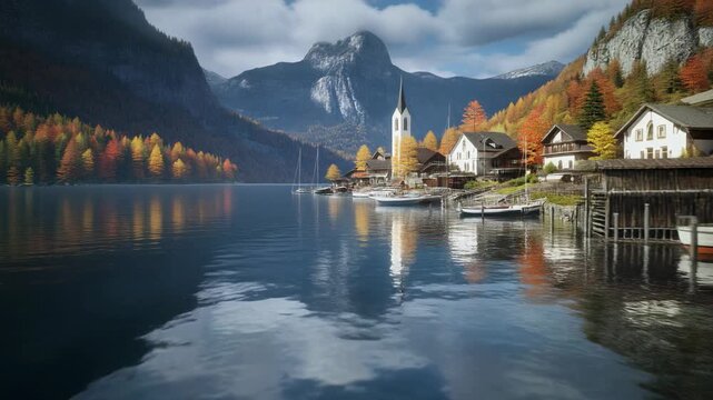 Autumn village nestled by a tranquil lake with colorful trees and mountains fall