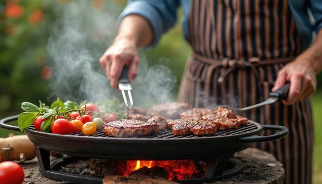 Man prepares meat on a charcoal grill outdoors. He uses tongs to cook burgers and vegetables in a backyard setting. Smoke rises from the fire creating a warm summer atmosphere for outdoor dining. - Powered by Adobe