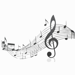 Dynamic wave of musical notes and staff with a prominent treble clef, isolated on white. This modern graphic symbolizes melody, harmony, and the artistic spirit of music