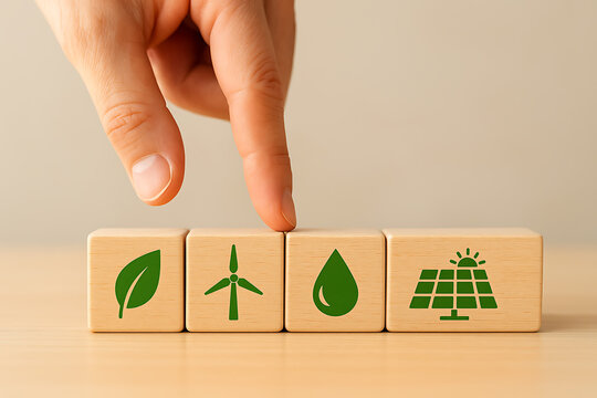 wooden blocks with green icons representing renewable energy sources leaf wind turbine water drop and solar panel for sustainability - Powered by Adobe