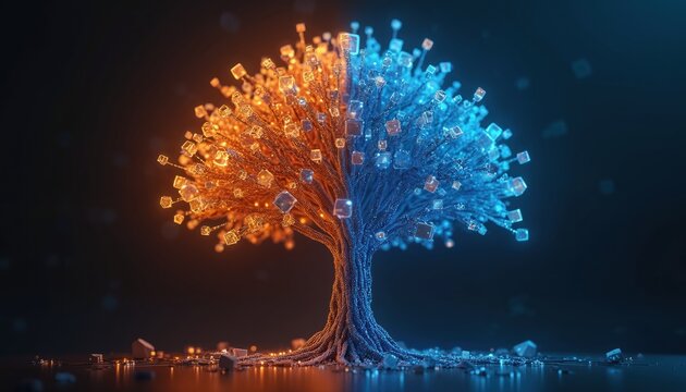 Digital tree shows glowing data network illustration. One side glows orange, blue. Bits, nodes connect on circuit branches. Tech art signifies AI, machine learning, big data information exchange