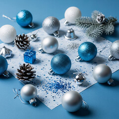 Festive christmas ornaments and decorations on a light blue surface