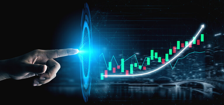 A hand reaches towards a glowing financial graph, symbolizing interaction with data and insights in the world of investment and financial growth. Impute