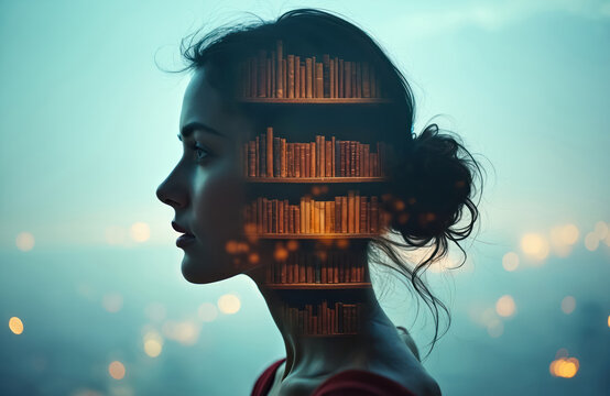 Woman profile shows bookshelf filling mind. Concept of knowledge accumulation learning education and wisdom. Intellectual thinking and cognitive growth.
