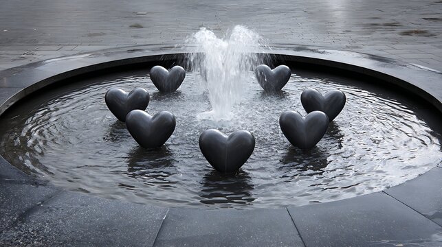 Working fountain with sculptures of hearts