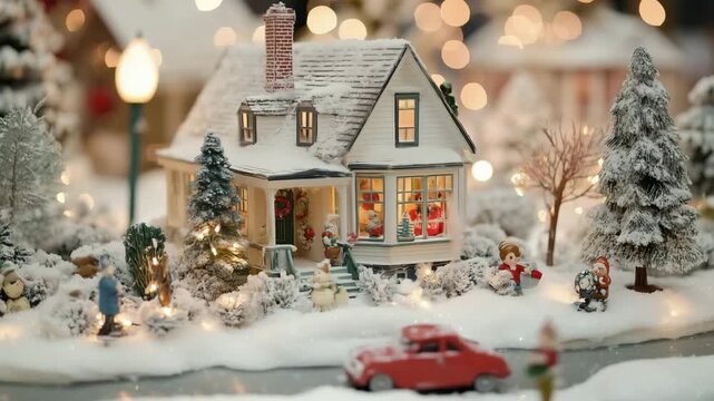Miniature Christmas village scene with snow-covered cape cod house, trees, and figurines.