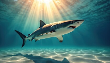Fototapeta premium Great white swims in ocean under sunlight. Predator floats above sea sand. Marine life of dangerous fish in wild. Deep blue sea water and animal.