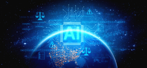 AI circuit microchip with glowing blue lines, surrounded by legal scales, warning symbols, data sheets, and binary codes, representing ethical AI, AI governance, and data integrity Vouch
