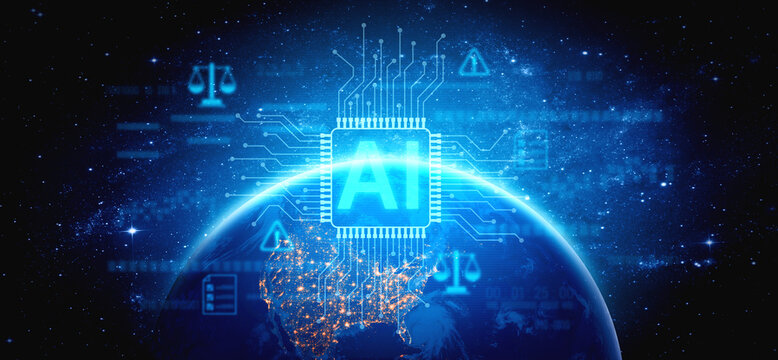 AI circuit microchip with glowing blue lines, surrounded by legal scales, warning symbols, data sheets, and binary codes, representing ethical AI, AI governance, and data integrity Vouch