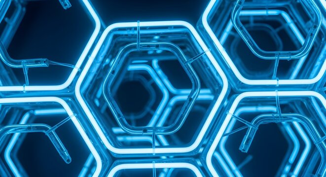 Abstract glowing blue hexagonal geometric pattern with futuristic digital network design
