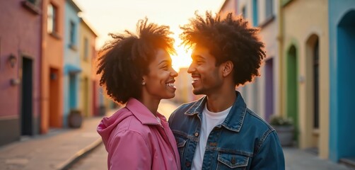 Young black couple laughs together on colorful street at sunset. Sun flares between their faces, warm glow on buildings and sky. They share happy moment, close embrace, looking lovingly.