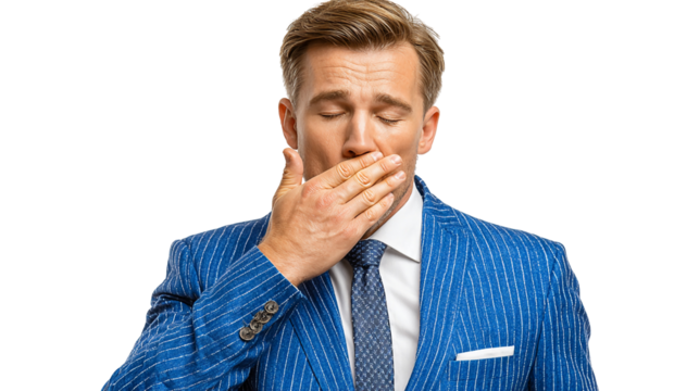 Concerned businessman covering mouth with hand, expressing worry or shock in stylish blue suit, closed eyes, selective focus isolated on transparent background - Powered by Adobe