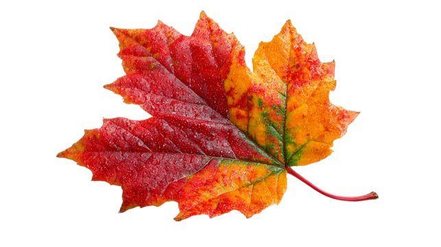 Vibrant autumn maple leaf displaying rich red, orange, and yellow hues with water droplets, perfect for seasonal designs and fall promotions isolated on transparent background