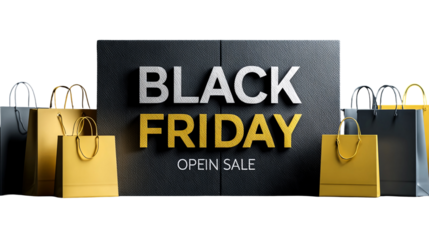 Black Friday Open Sale with Stylish Shopping Bags, Perfect for Marketing Campaigns and Special Offers to Drive Sales isolated on transparent background