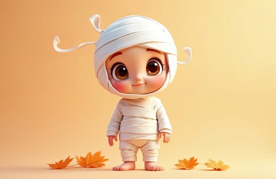 Cute cartoon mummy character with big eyes stands on orange background. Child in bandages looks happy, with fall leaves around its feet. Adorable little mummy in costume.