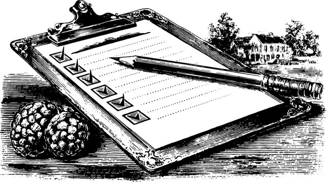 Clipboard with a checklist and pencil. Black and white vector illustration for documentation or organizational purposes.