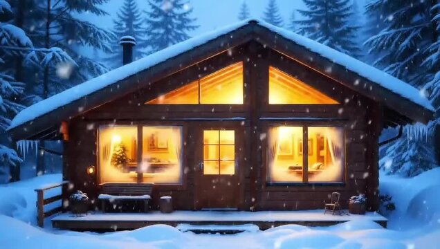 Warm wooden cabin glowing with yellow lights surrounded by falling snow on quiet winter night forest landscape.