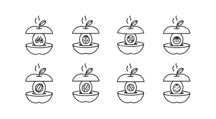 Eight halved apple silhouettes showing core and seeds in a row