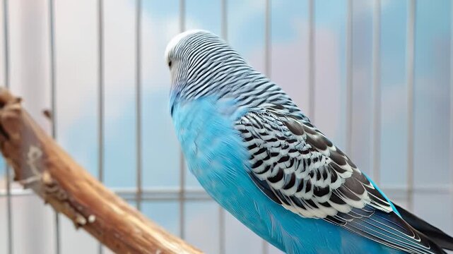 Captivating Close-Up of a Blue Budgerigar Perched in a Cage Revealing Intricate Details
