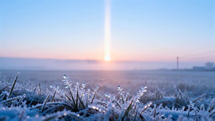Extreme close-up of grass covered in sharp frost crystals at sunrise with a dramatic sun pillar rising into the clear blue sky - Powered by Adobe