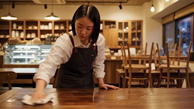 Cinematic lifestyle video footage of a cafe worker wiping a wooden table during closing time, emphasizing cleanliness, hospitality, and daily routine.
