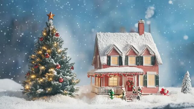 Snow-covered cape cod house with Christmas tree and decorations