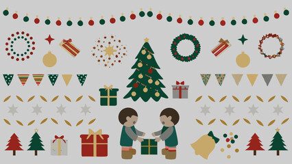 Christmas elements and children exchanging gifts illustration