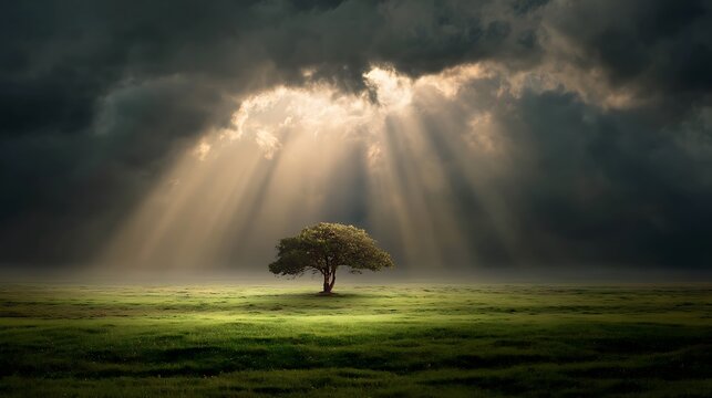 A lone tree stands illuminated by ethereal light through dramatic stormy clouds