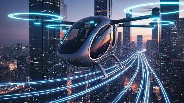 Man pilots a sleek, futuristic eVTOL air taxi above a luminous cityscape at dusk with neon blue light trails tracing flight paths