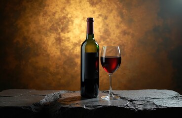 Fototapeta premium Green bottle of red wine and full glass rest on rough dark stone surface. Textured golden background adds depth. Perfect for depicting tasting or celebration.