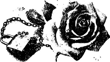 Black graphic illustration of a rose and padlock featuring a chain, creating a symbolic vector representation in an artistic style.