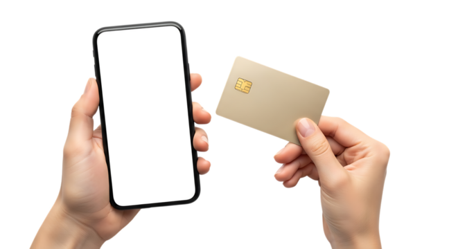 Hand holding smartphone and credit card isolated on transparent background - Powered by Adobe