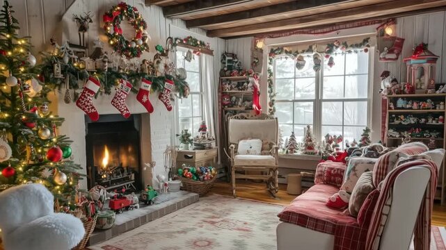 Cozy Christmas-themed cape cod living room with fireplace, stockings, and decorations.