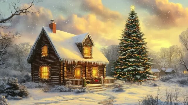 Cozy log cape cod cabin with Christmas lights and snow-covered landscape.