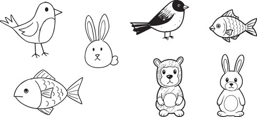 Obraz premium Simple Hand-Drawn Black and White Animal Doodle Vector Collection