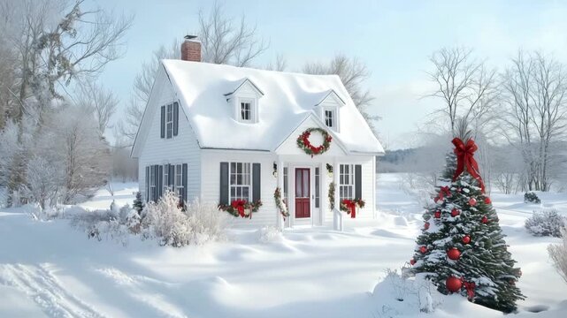 Snow-covered cape cod house with Christmas decorations and tree.