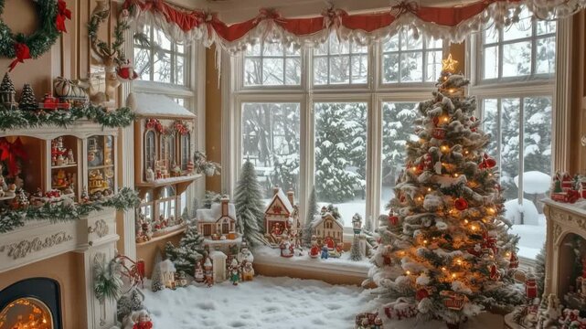 Cozy Christmas cape cod room with decorated tree, snow outside, and festive decor.