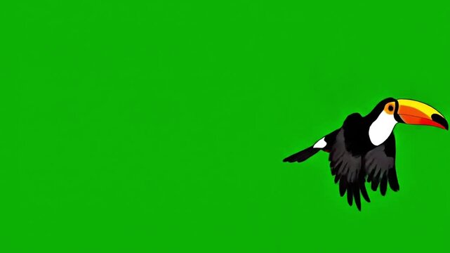 Slow Pan Left on a Flying Animated Toucan Bird with Chroma Key Green Screen Background, Detailed Cartoon Style Digital Illustration for Nature, Wildlife, or Tropical Design