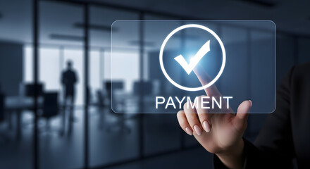 Businesswoman uses virtual screen for secure digital payment.