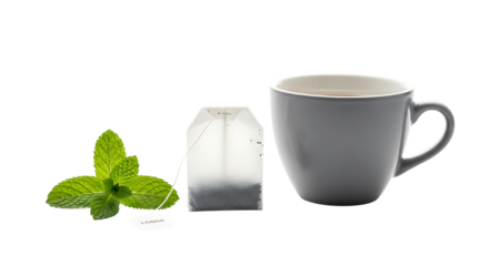 Fresh mint leaves tea bag and mug isolated on transparent background