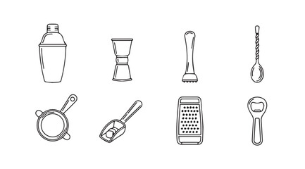 Collection of bartending tools and cocktail shaker silhouette