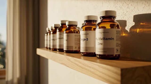 Cinematic orbiting footage of supplement bottles arranged on a wooden shelf in warm natural light, symbolizing wellness, nutrition, and modern home aesthetics.

