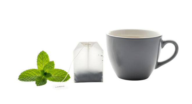 Fresh mint leaves tea bag and mug isolated on transparent background - Powered by Adobe