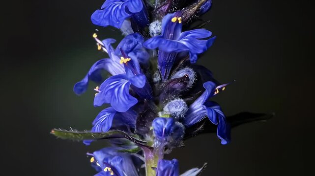 Close-up of vibrant blue Ajuga flower spikes on a dark background featuring detail