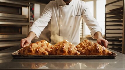 Cinematic video footage of a baker carrying a tray of pastries in a professional kitchen, highlighting craftsmanship, quality ingredients, and bakery production.
