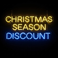 Christmas season discount neon sign with yellow and blue lights on black