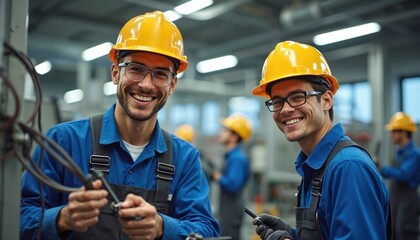 Two smiling male students in safety helmets work on electrical wires. They wear blue overalls and glasses, learning vocational skills in a workshop. Their colleagues are in background.