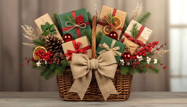 Rustic Christmas Gift Basket with Pine Cones, Greenery and Festive Decorations - Powered by Adobe